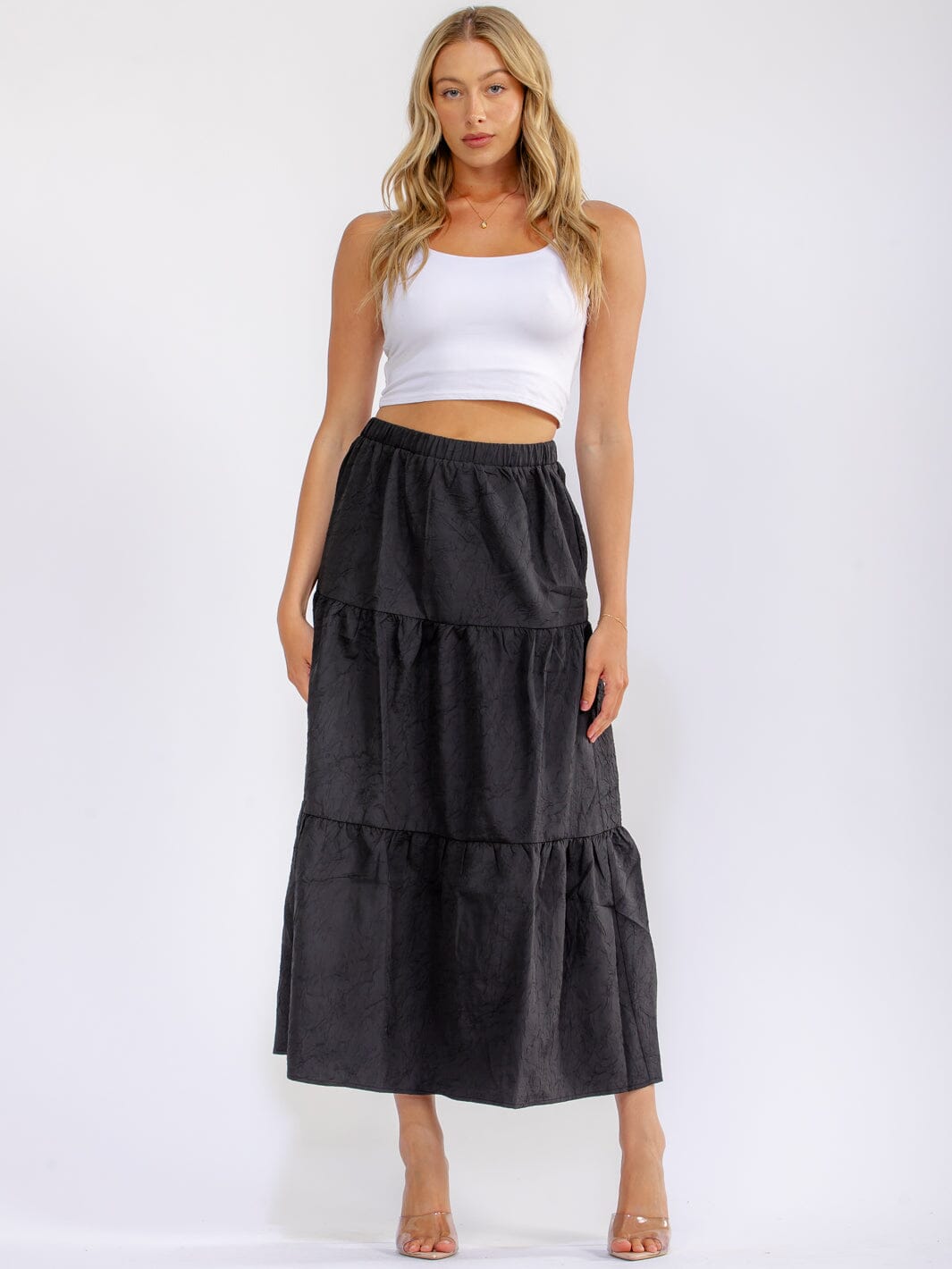 WOMEN'S ELASTIC WAIST TIERED DETAILED MAXI SKIRT
