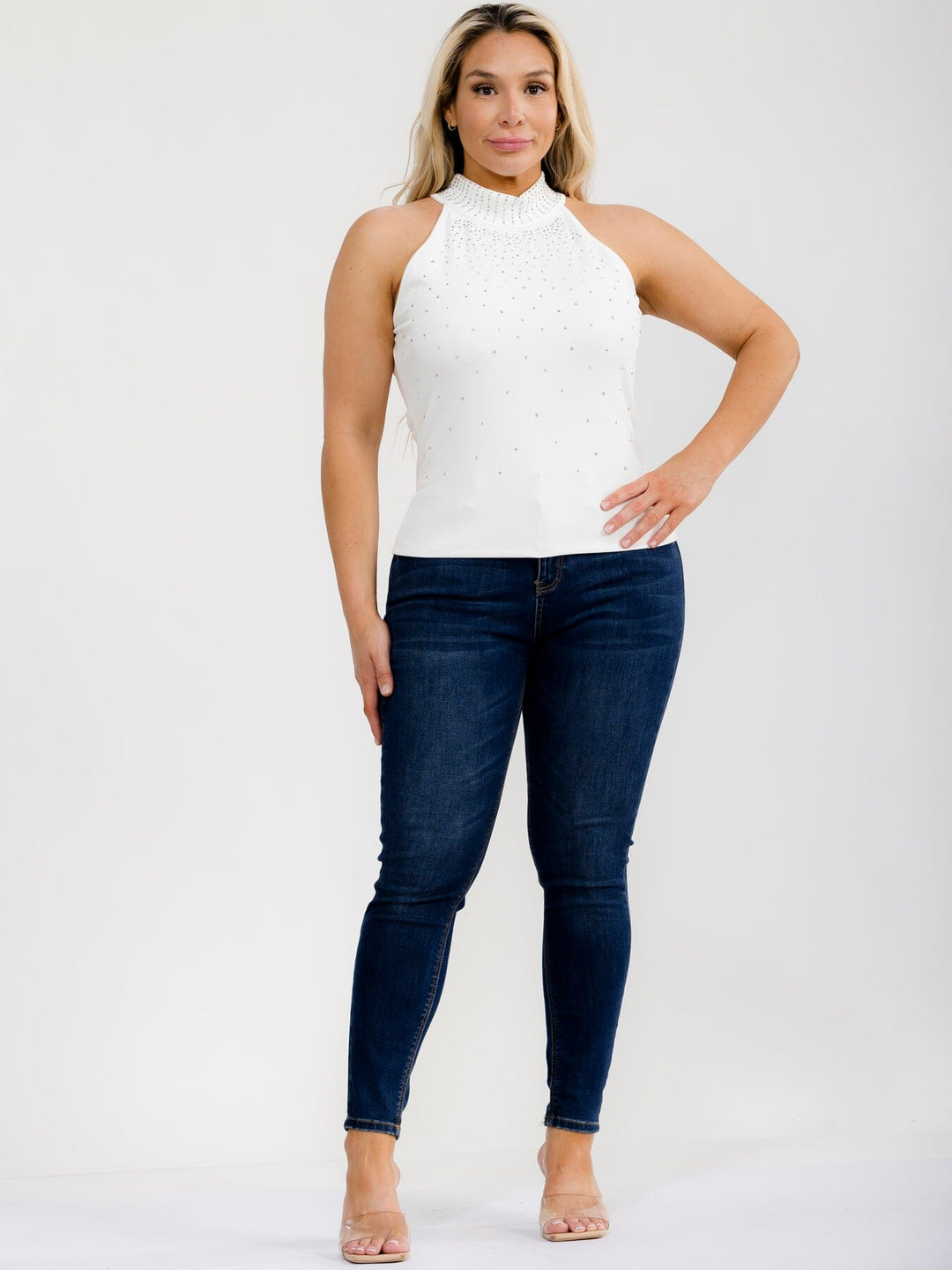 PLUS SIZE SLEEVELESS HALTER NECK RHINESTONES DETAILED TANK TOP