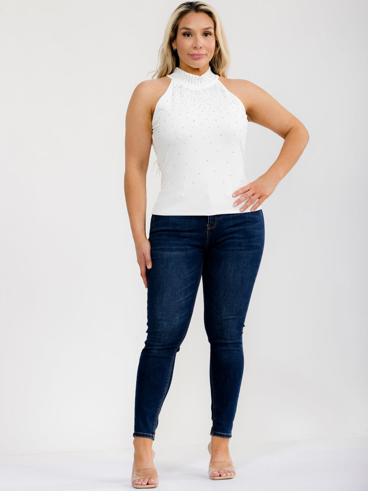 PLUS SIZE SLEEVELESS HALTER NECK RHINESTONES DETAILED TANK TOP