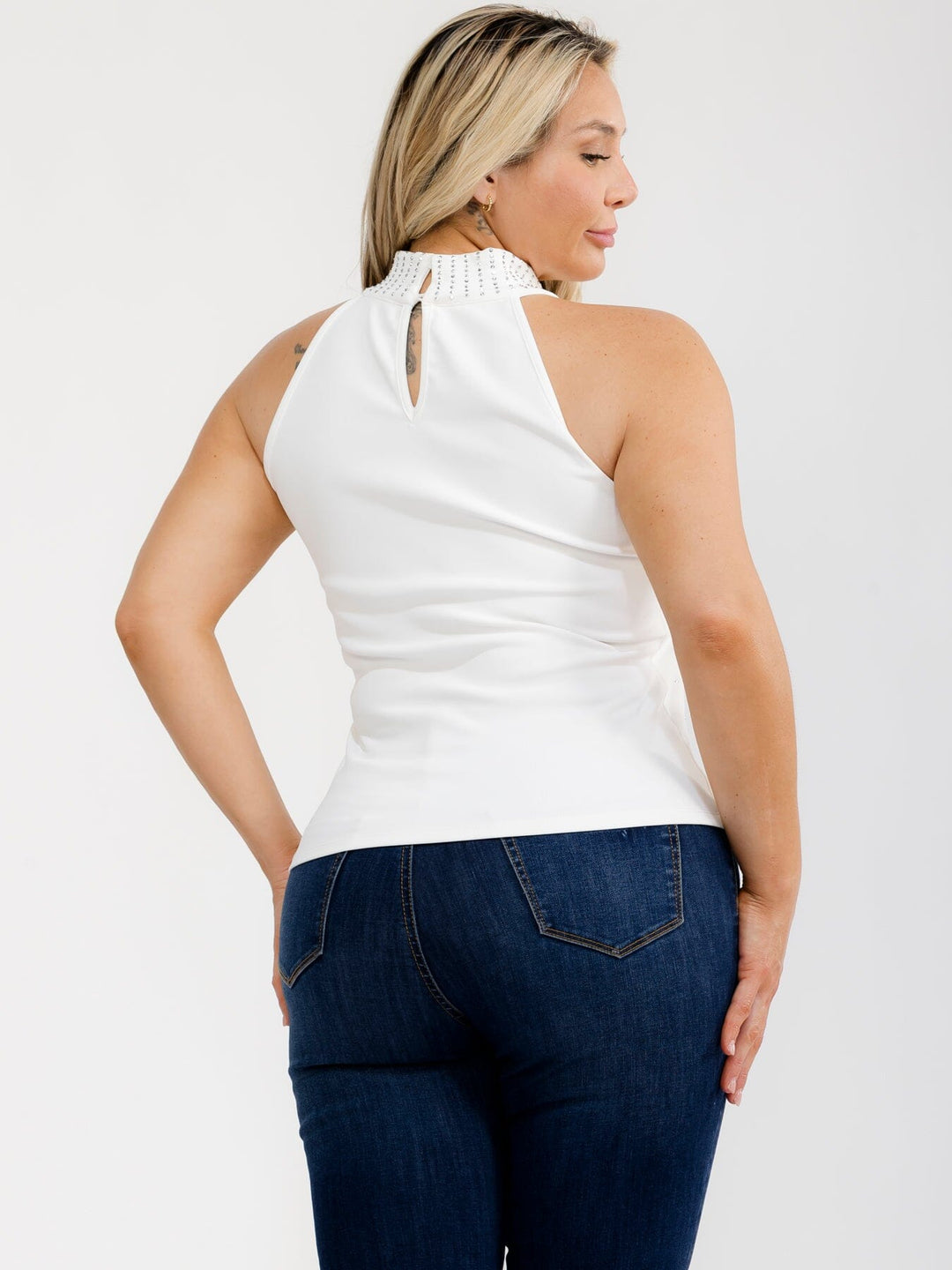 PLUS SIZE SLEEVELESS HALTER NECK RHINESTONES DETAILED TANK TOP