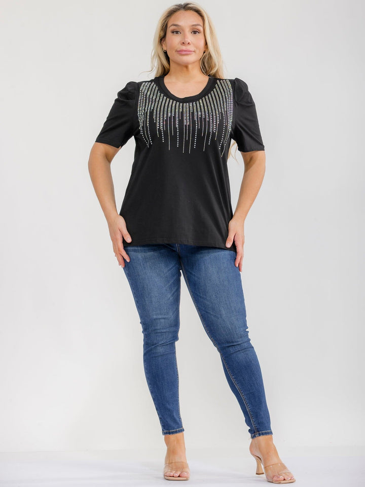 PLUS SIZE SHORT SLEEVE RHINESTONES DETAILED BLOUSE