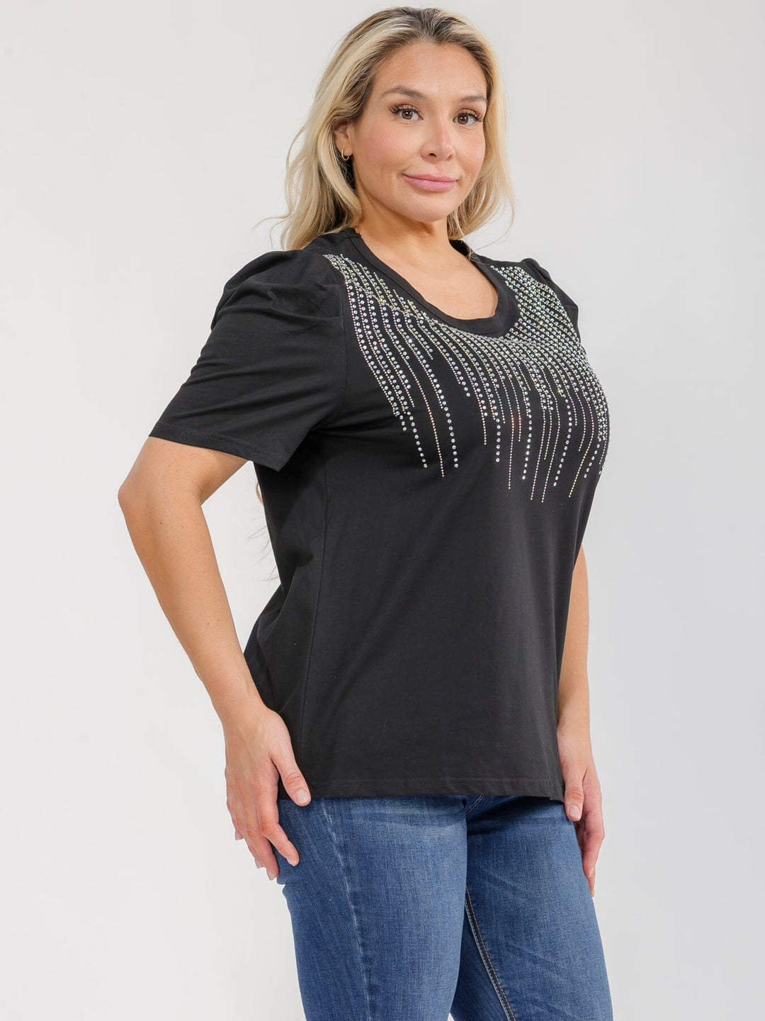 PLUS SIZE SHORT SLEEVE RHINESTONES DETAILED BLOUSE
