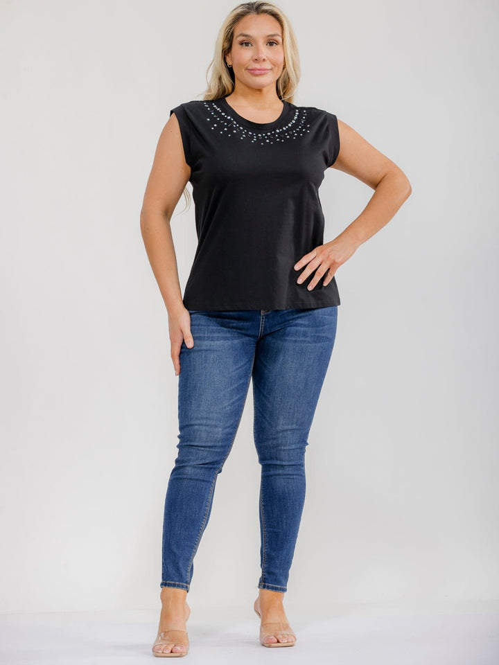 PLUS SIZE SLEEVELESS RHINESTONES DETAILED TANK TOP