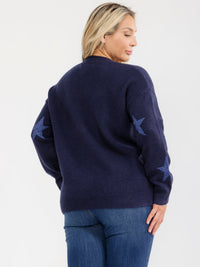 PLUS SIZE LONG SLEEVE SHIMMER STARS PRINT PULLOVER SWEATER