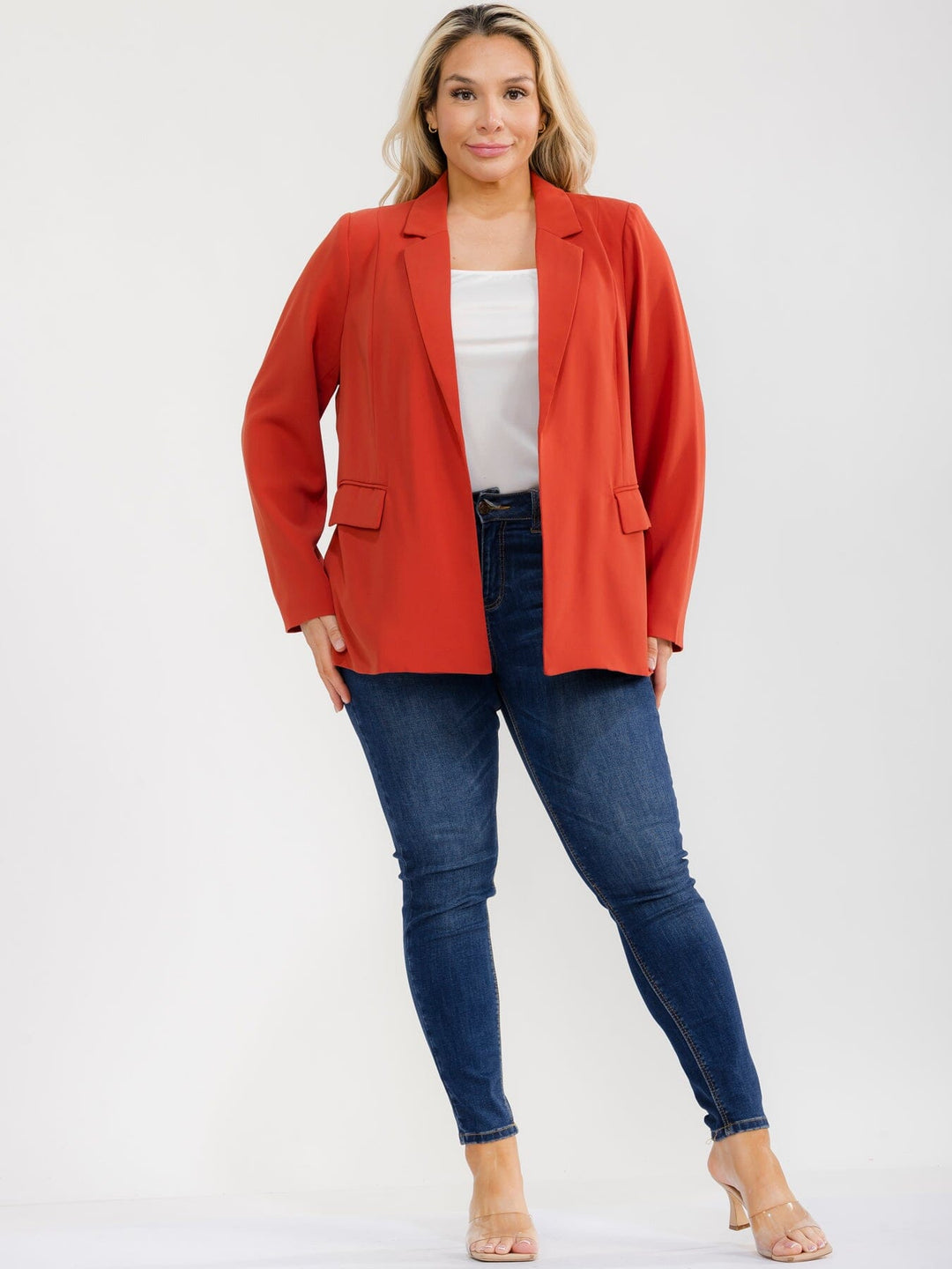 PLUS SIZE LONG SLEEVE OPEN FRONT POCKETS BLAZER