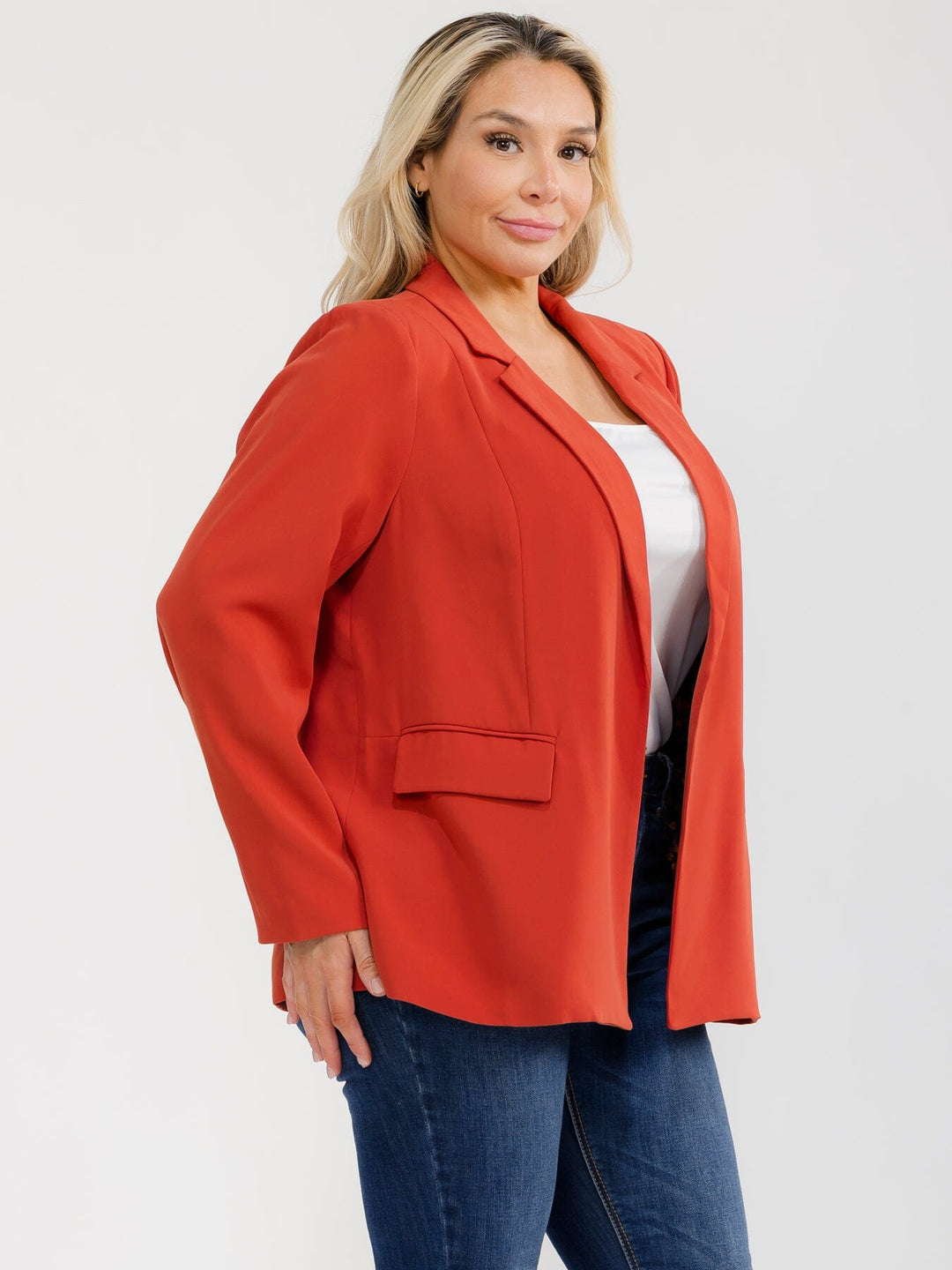 PLUS SIZE LONG SLEEVE OPEN FRONT POCKETS BLAZER