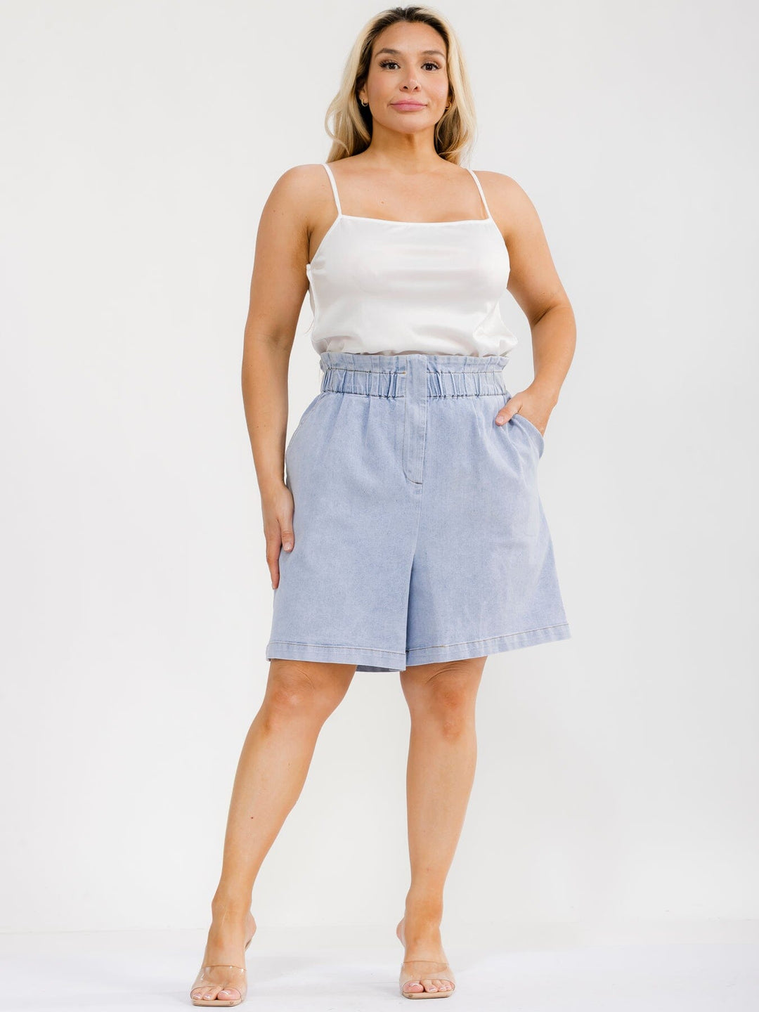 PLUS SIZE ELASTIC WAIST FRONT POCKETS DENIM MINI SHORTS