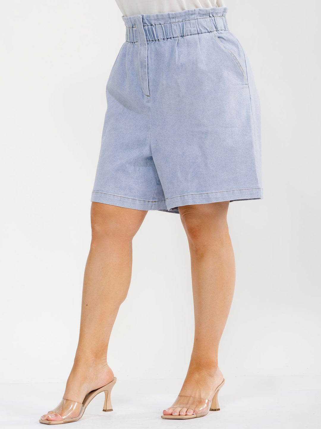 PLUS SIZE ELASTIC WAIST FRONT POCKETS DENIM MINI SHORTS