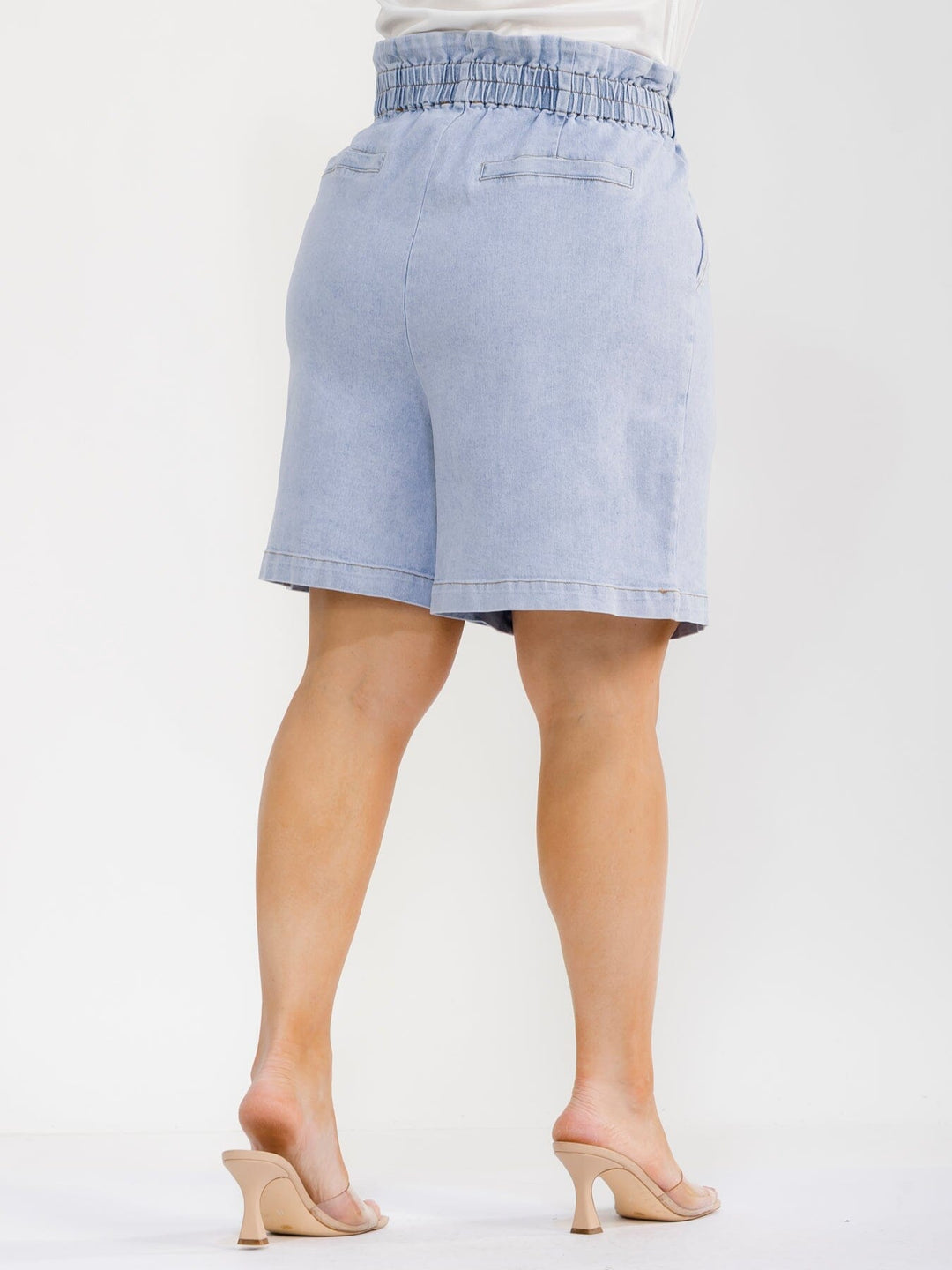 PLUS SIZE ELASTIC WAIST FRONT POCKETS DENIM MINI SHORTS