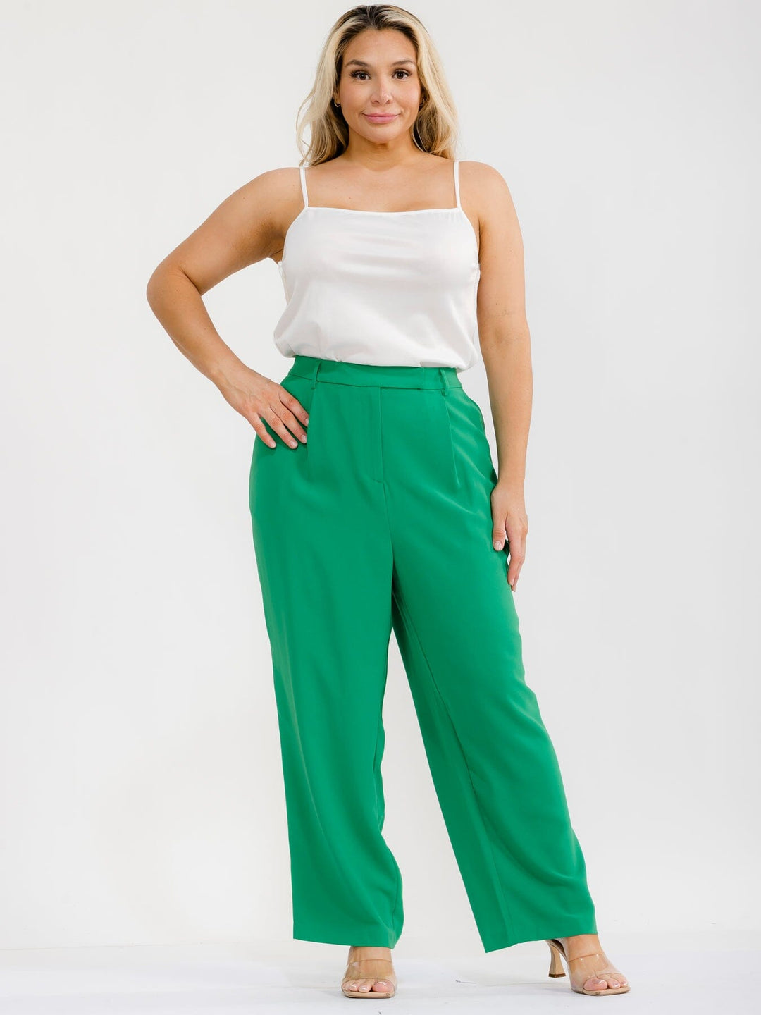 PLUS SIZE ELASTIC WAIST BUTTON CLOSURE POCKETS WIDE LEG PANTS