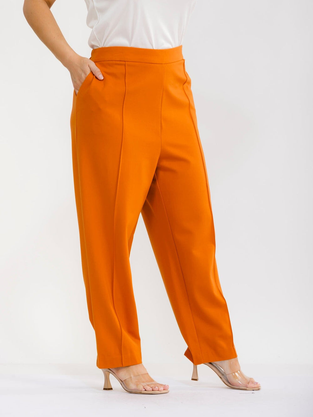 PLUS SIZE ELASTIC WAIST FRONT POCKETS STRAIGHT LEG PANTS