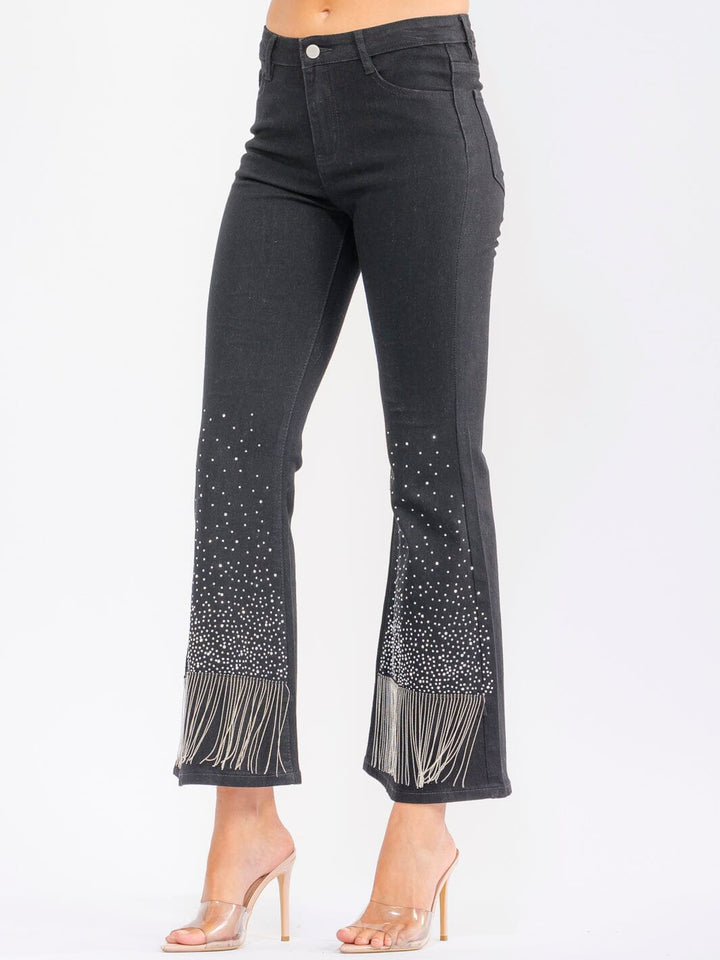 WOMEN'S BUTTON CLOSURE POCKETS RHINESTONES STRETCH DENIM BELL LEG PANTS
