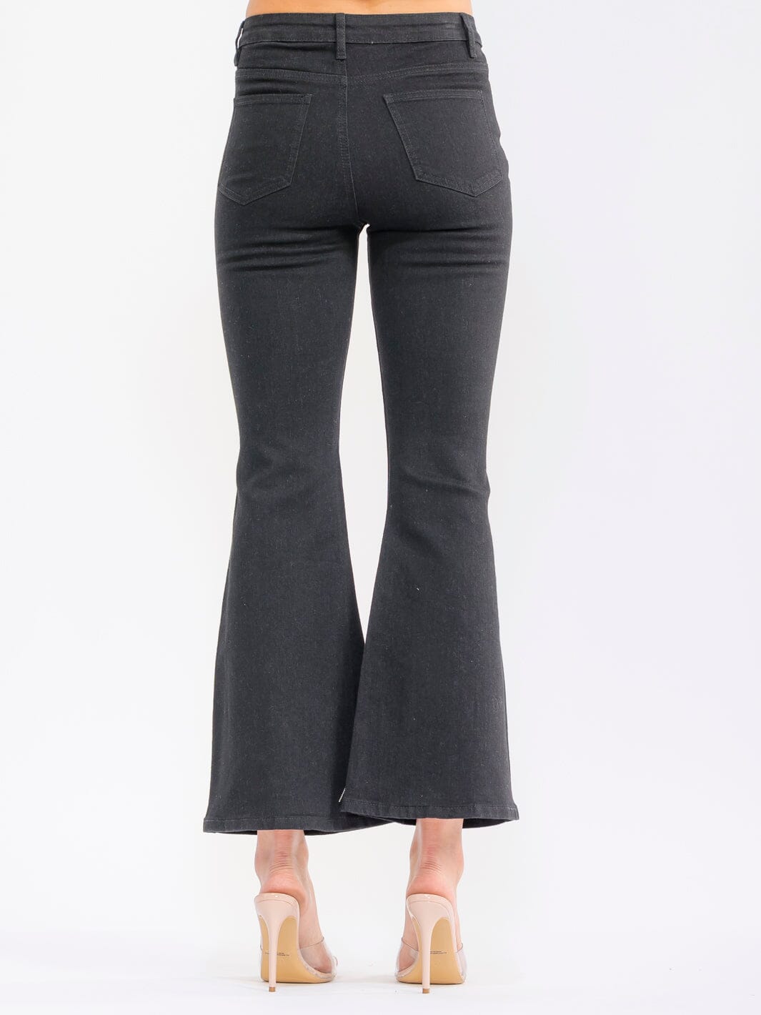 WOMEN'S BUTTON CLOSURE POCKETS RHINESTONES STRETCH DENIM BELL LEG PANTS