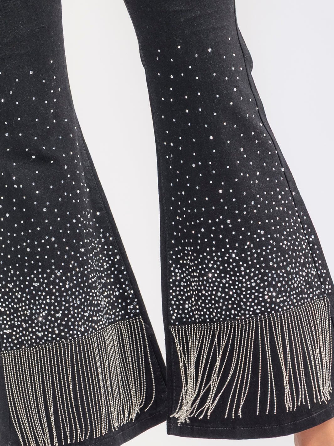 WOMEN'S BUTTON CLOSURE POCKETS RHINESTONES STRETCH DENIM BELL LEG PANTS
