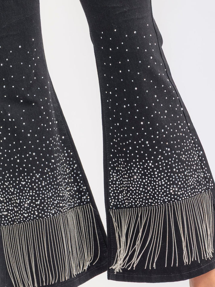 WOMEN'S BUTTON CLOSURE POCKETS RHINESTONES STRETCH DENIM BELL LEG PANTS