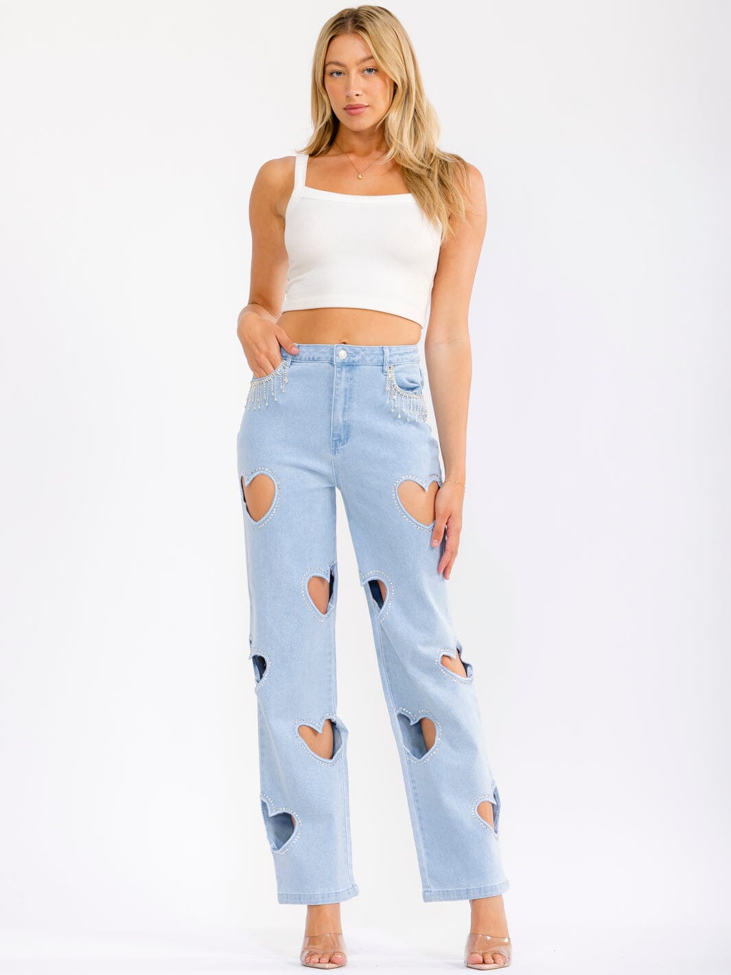 WOMEN'S BUTTON CLOSURE POCKETS HEARTS CUT OUT STRAIGHT LEG DENIM PANTS