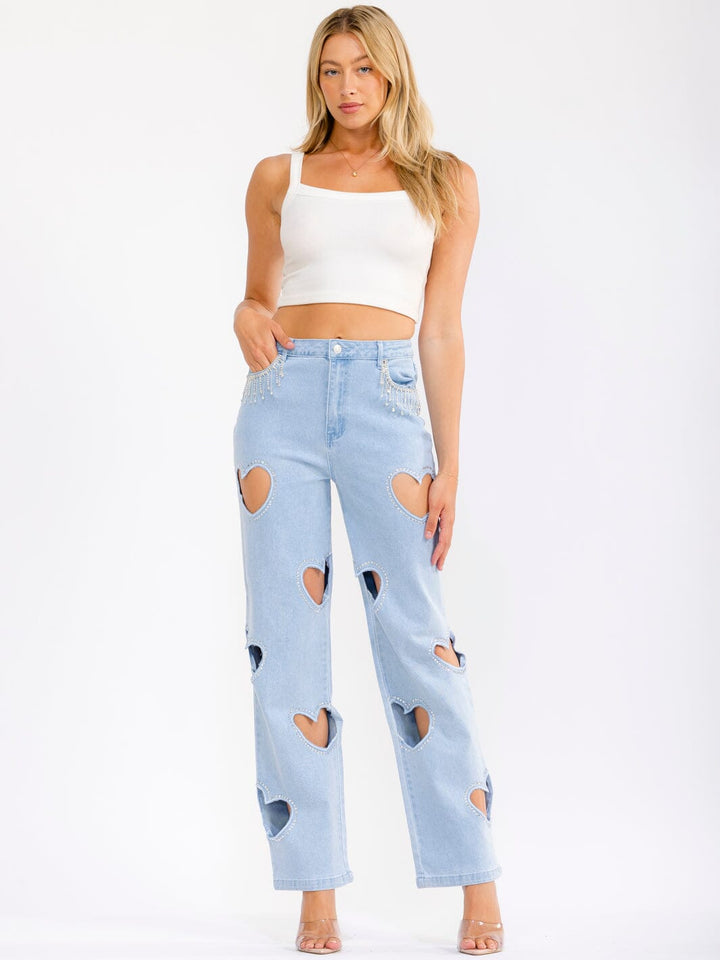 WOMEN'S BUTTON CLOSURE POCKETS HEARTS CUT OUT STRAIGHT LEG DENIM PANTS