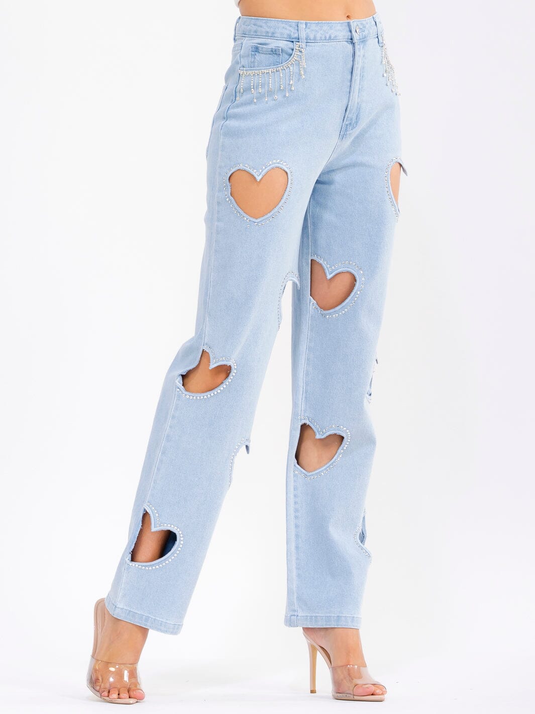WOMEN'S BUTTON CLOSURE POCKETS HEARTS CUT OUT STRAIGHT LEG DENIM PANTS