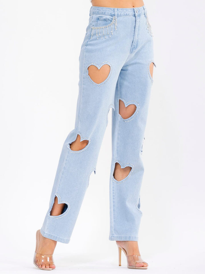 WOMEN'S BUTTON CLOSURE POCKETS HEARTS CUT OUT STRAIGHT LEG DENIM PANTS
