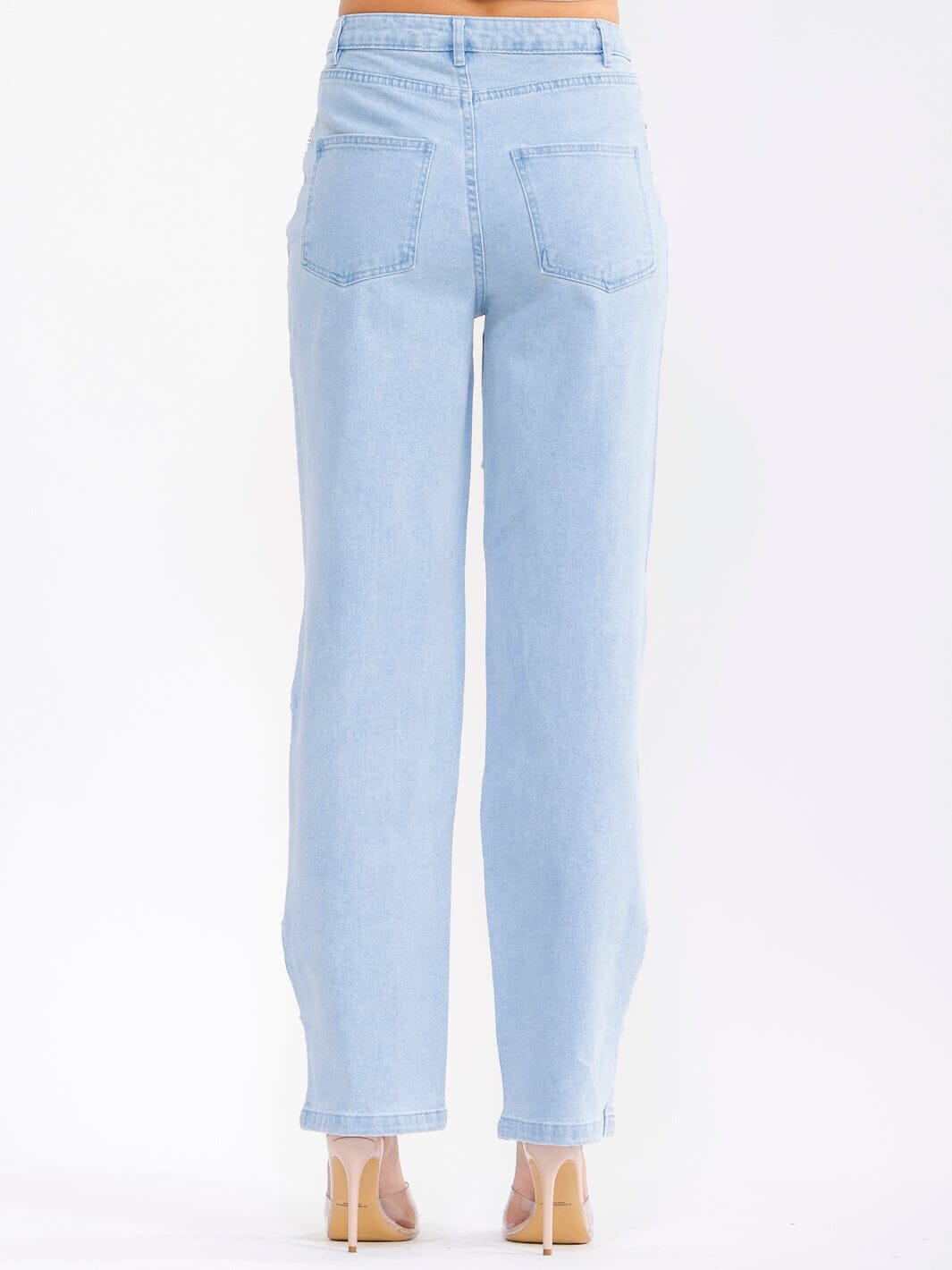 WOMEN'S BUTTON CLOSURE POCKETS HEARTS CUT OUT STRAIGHT LEG DENIM PANTS