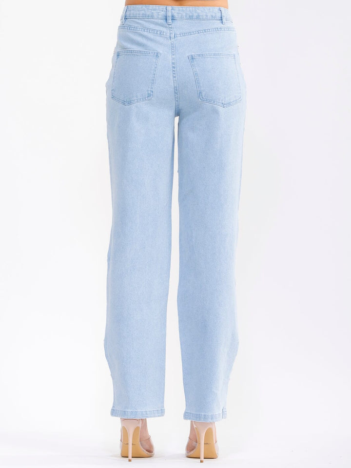 WOMEN'S BUTTON CLOSURE POCKETS HEARTS CUT OUT STRAIGHT LEG DENIM PANTS