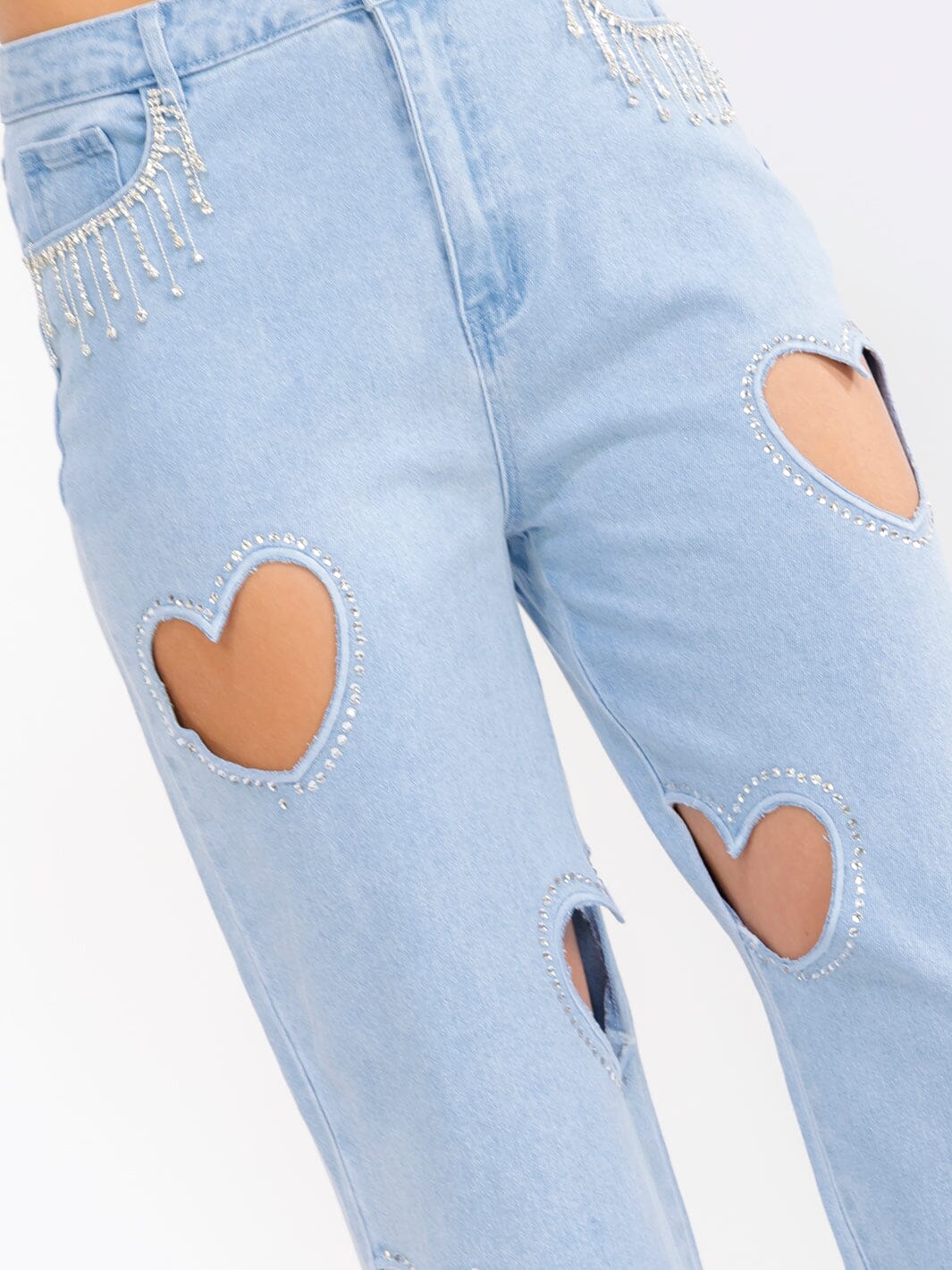 WOMEN'S BUTTON CLOSURE POCKETS HEARTS CUT OUT STRAIGHT LEG DENIM PANTS