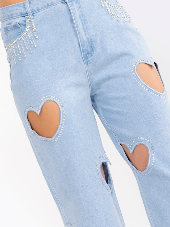 WOMEN'S BUTTON CLOSURE POCKETS HEARTS CUT OUT STRAIGHT LEG DENIM PANTS