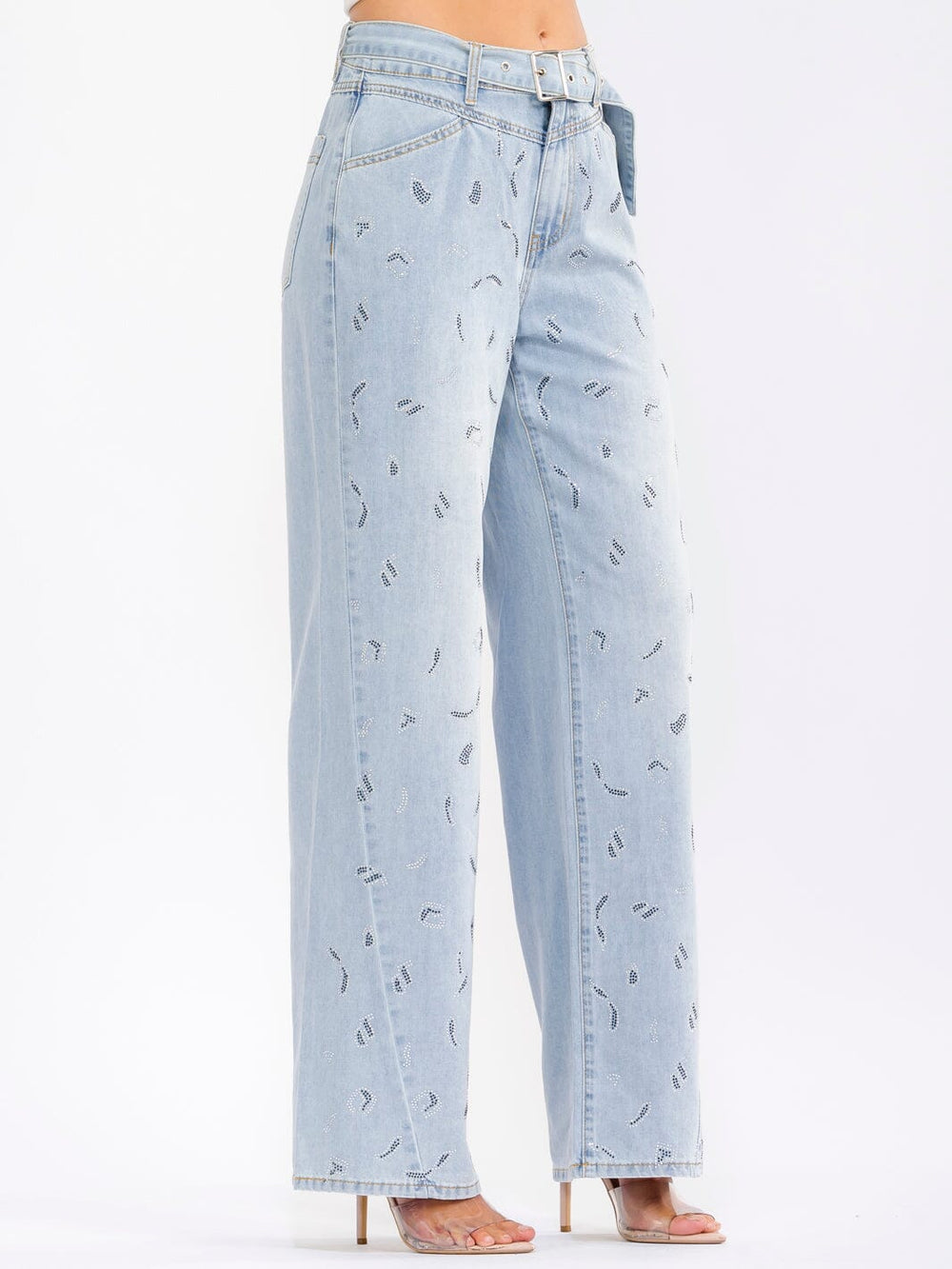 WOMEN'S BUTTON CLOSURE POCKETS RHINESTONES BELTED WIDE LEG DENIM PANTS