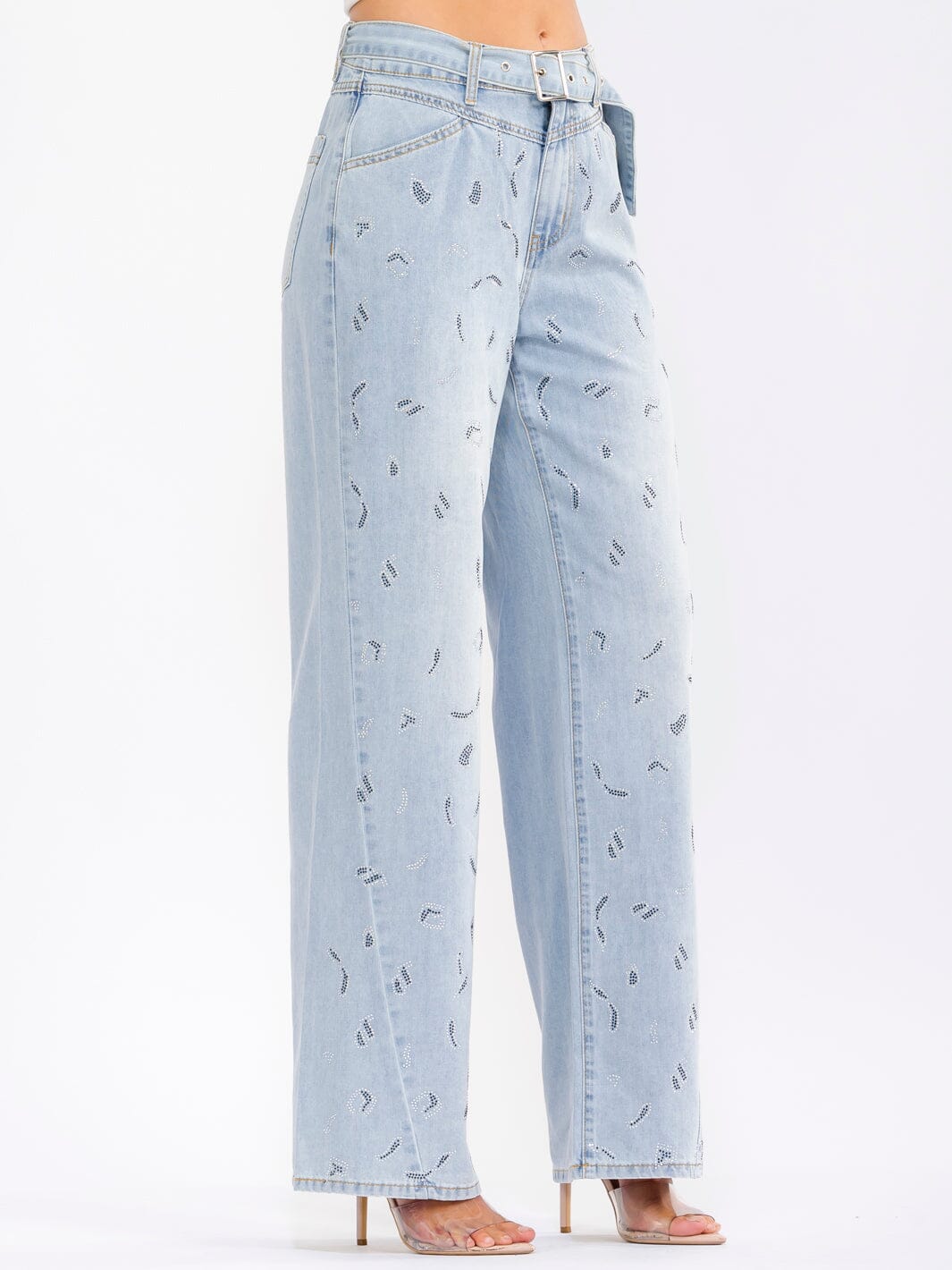 WOMEN'S BUTTON CLOSURE POCKETS RHINESTONES BELTED WIDE LEG DENIM PANTS
