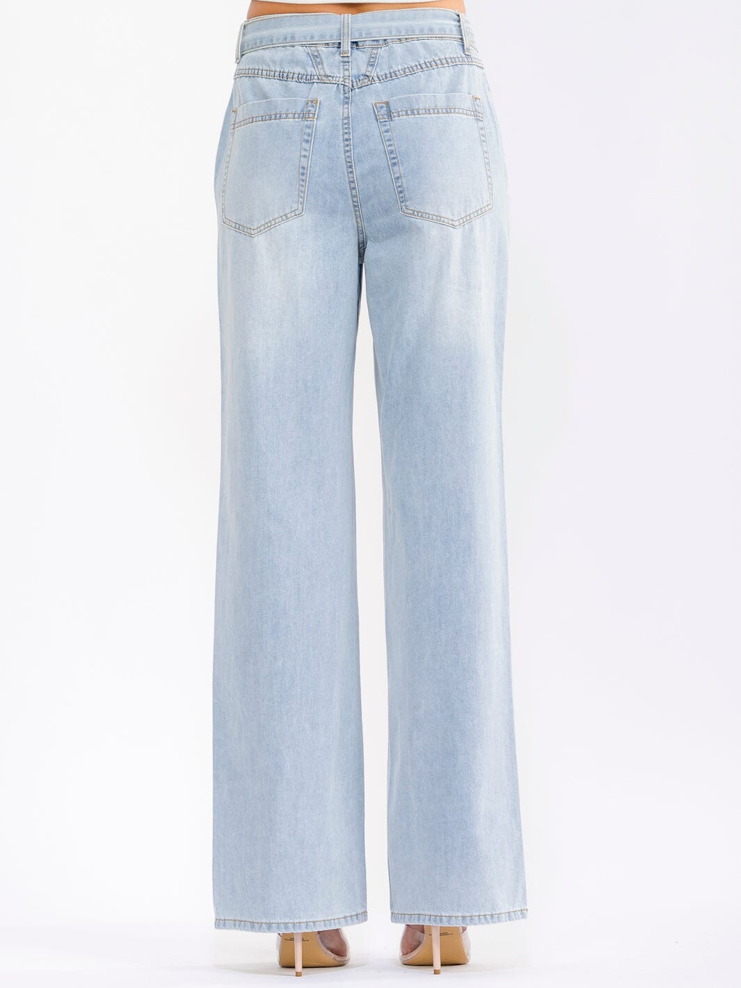 WOMEN'S BUTTON CLOSURE POCKETS RHINESTONES BELTED WIDE LEG DENIM PANTS