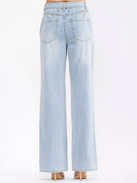 WOMEN'S BUTTON CLOSURE POCKETS RHINESTONES BELTED WIDE LEG DENIM PANTS