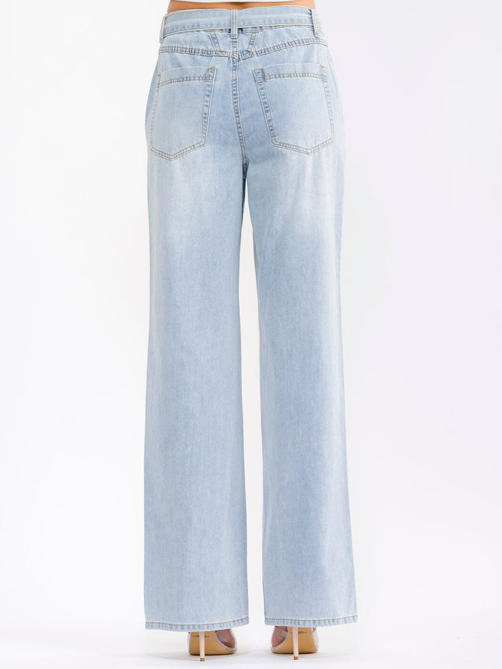 WOMEN'S BUTTON CLOSURE POCKETS RHINESTONES BELTED WIDE LEG DENIM PANTS