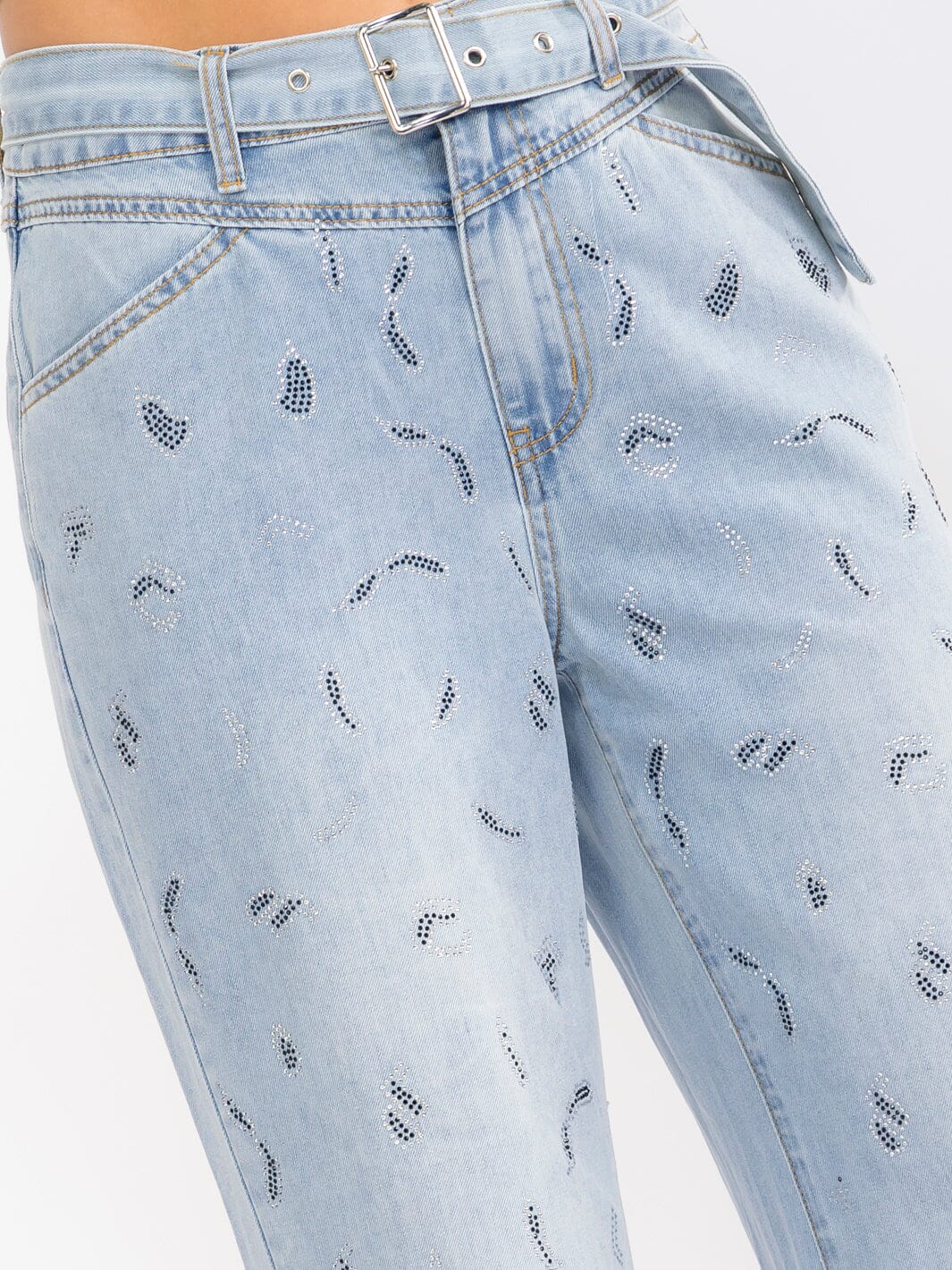 WOMEN'S BUTTON CLOSURE POCKETS RHINESTONES BELTED WIDE LEG DENIM PANTS
