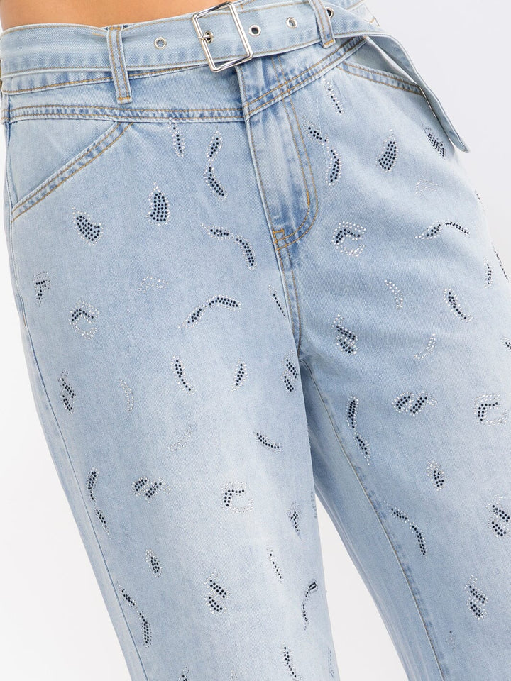 WOMEN'S BUTTON CLOSURE POCKETS RHINESTONES BELTED WIDE LEG DENIM PANTS