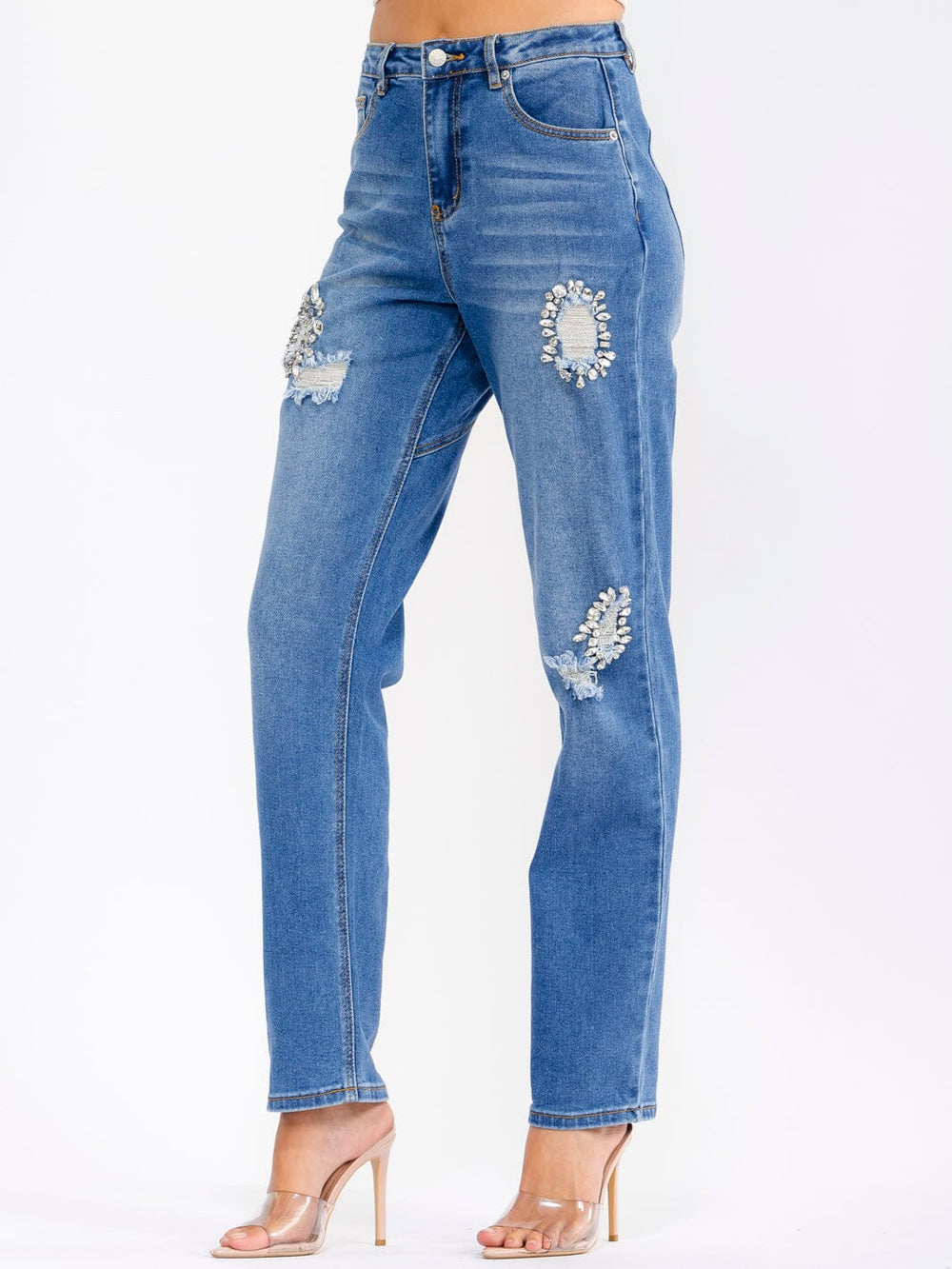 WOMEN'S BUTTON CLOSURE POCKETS DISTRESS STUDS STRAIGHT LEG DENIM PANTS