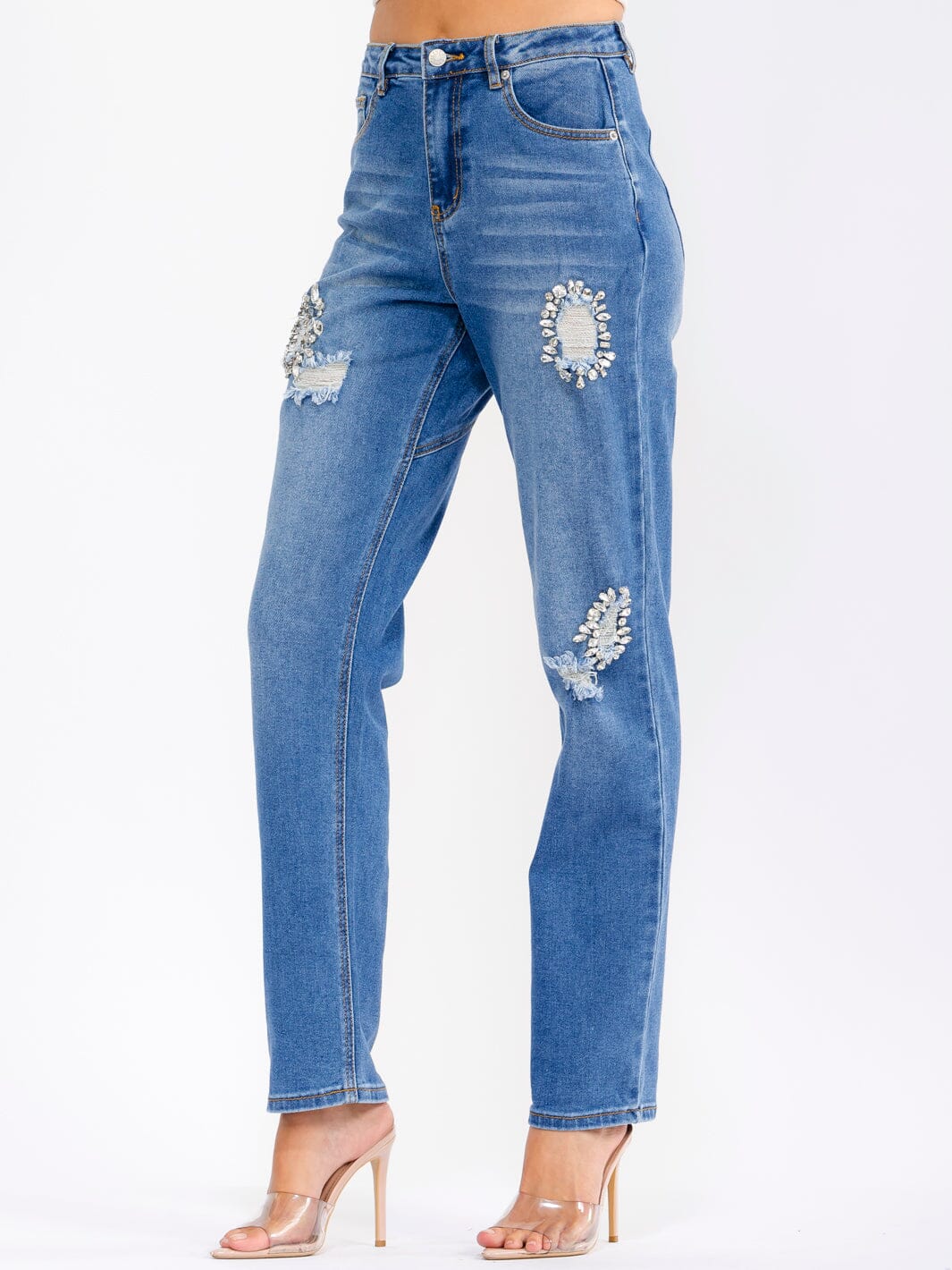 WOMEN'S BUTTON CLOSURE POCKETS DISTRESS STUDS STRAIGHT LEG DENIM PANTS