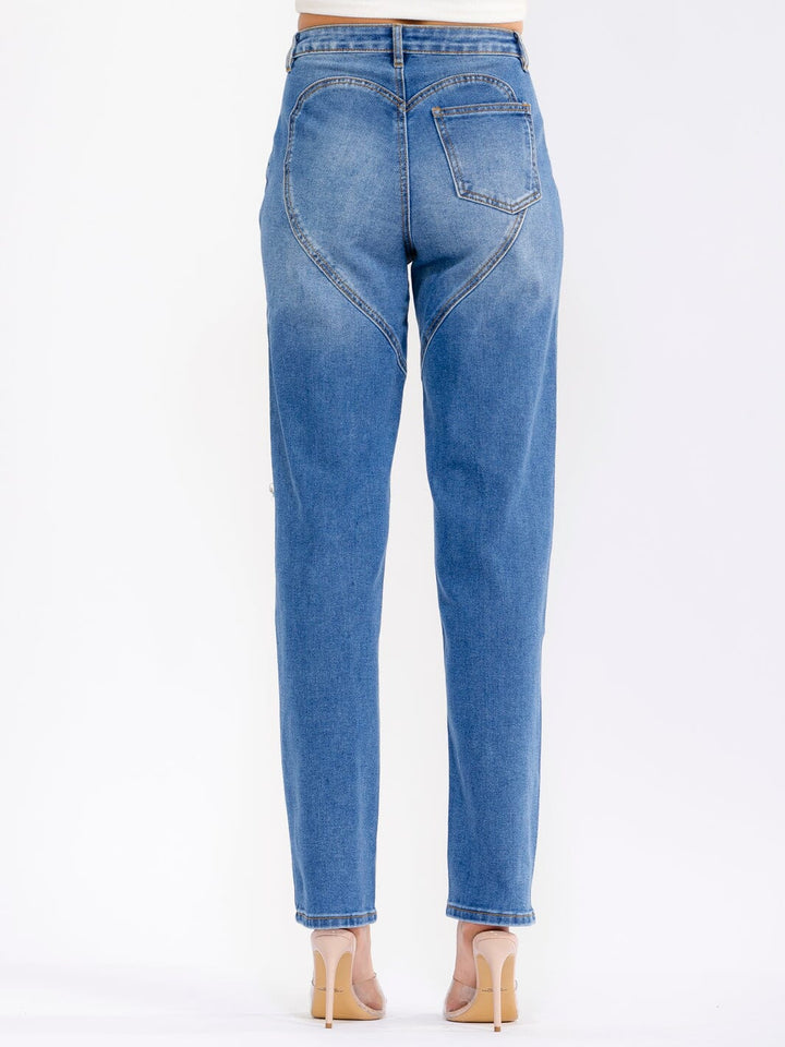 WOMEN'S BUTTON CLOSURE POCKETS DISTRESS STUDS STRAIGHT LEG DENIM PANTS