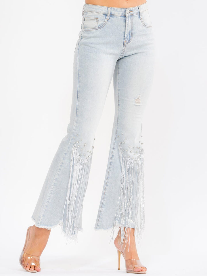 WOMEN'S BUTTON CLOSURE POCKETS DISTRESS RHINESTONES STRETCH DENIM BELL LEG PANTS