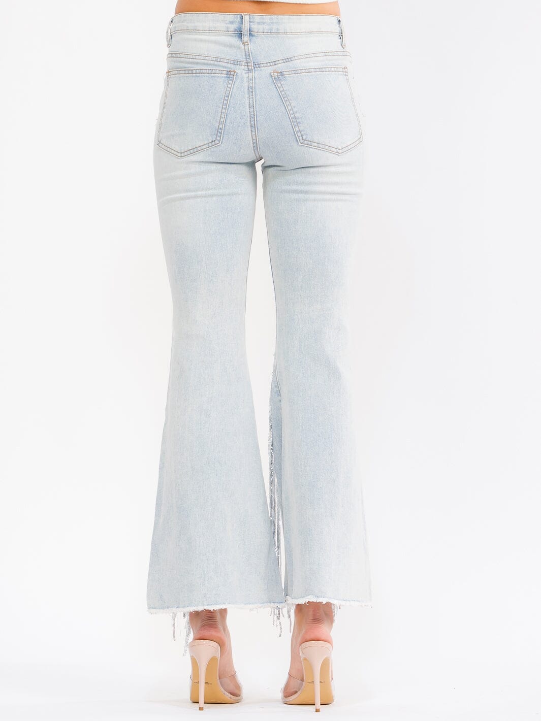 WOMEN'S BUTTON CLOSURE POCKETS DISTRESS RHINESTONES STRETCH DENIM BELL LEG PANTS