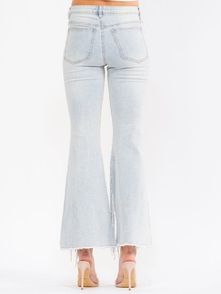 WOMEN'S BUTTON CLOSURE POCKETS DISTRESS RHINESTONES STRETCH DENIM BELL LEG PANTS