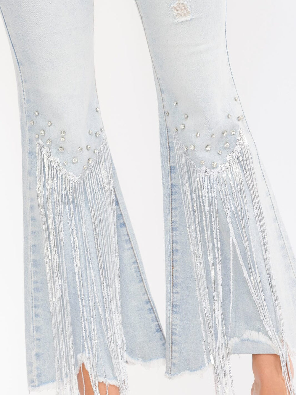 WOMEN'S BUTTON CLOSURE POCKETS DISTRESS RHINESTONES STRETCH DENIM BELL LEG PANTS