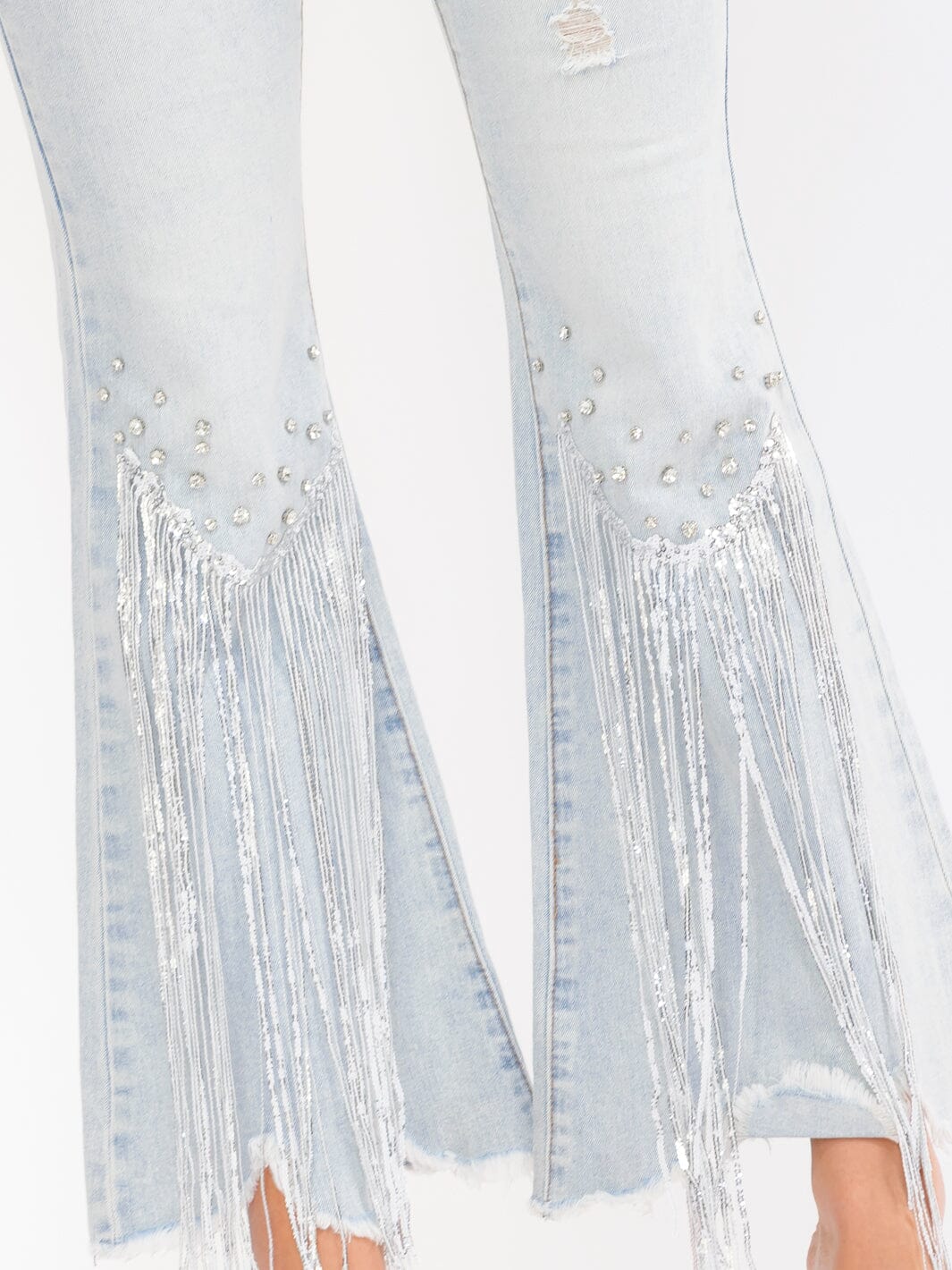 WOMEN'S BUTTON CLOSURE POCKETS DISTRESS RHINESTONES STRETCH DENIM BELL LEG PANTS