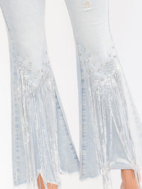 WOMEN'S BUTTON CLOSURE POCKETS DISTRESS RHINESTONES STRETCH DENIM BELL LEG PANTS