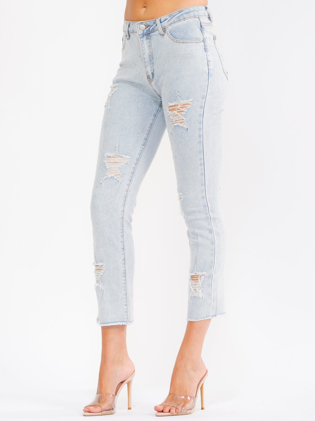 WOMEN'S BUTTON CLOSURE POCKETS DISTRESS RHINESTONES STRETCH DENIM SKINNY LEG PANTS