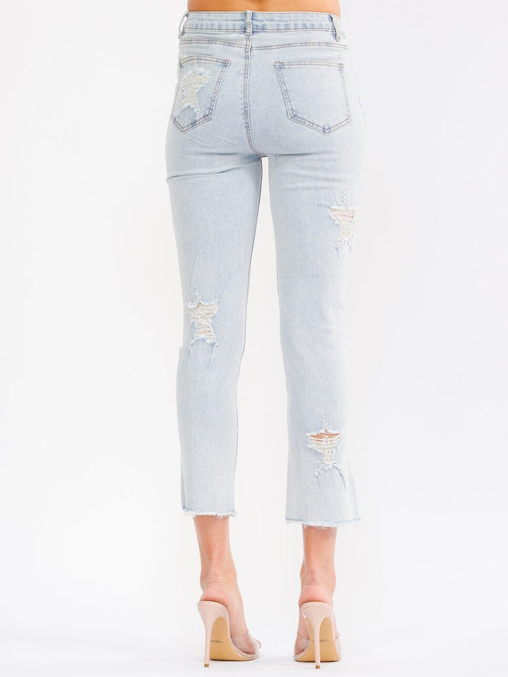 WOMEN'S BUTTON CLOSURE POCKETS DISTRESS RHINESTONES STRETCH DENIM SKINNY LEG PANTS