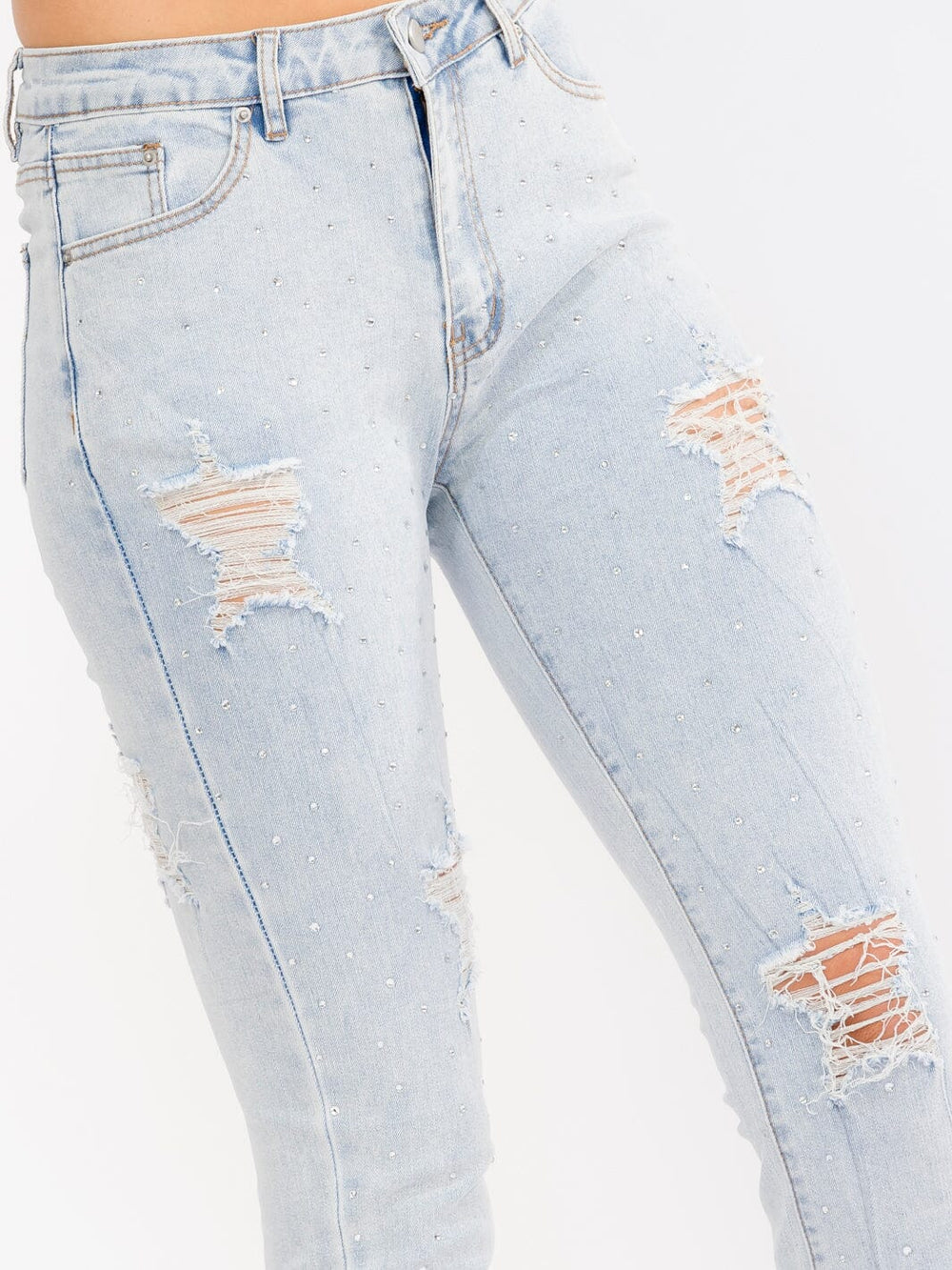 WOMEN'S BUTTON CLOSURE POCKETS DISTRESS RHINESTONES STRETCH DENIM SKINNY LEG PANTS