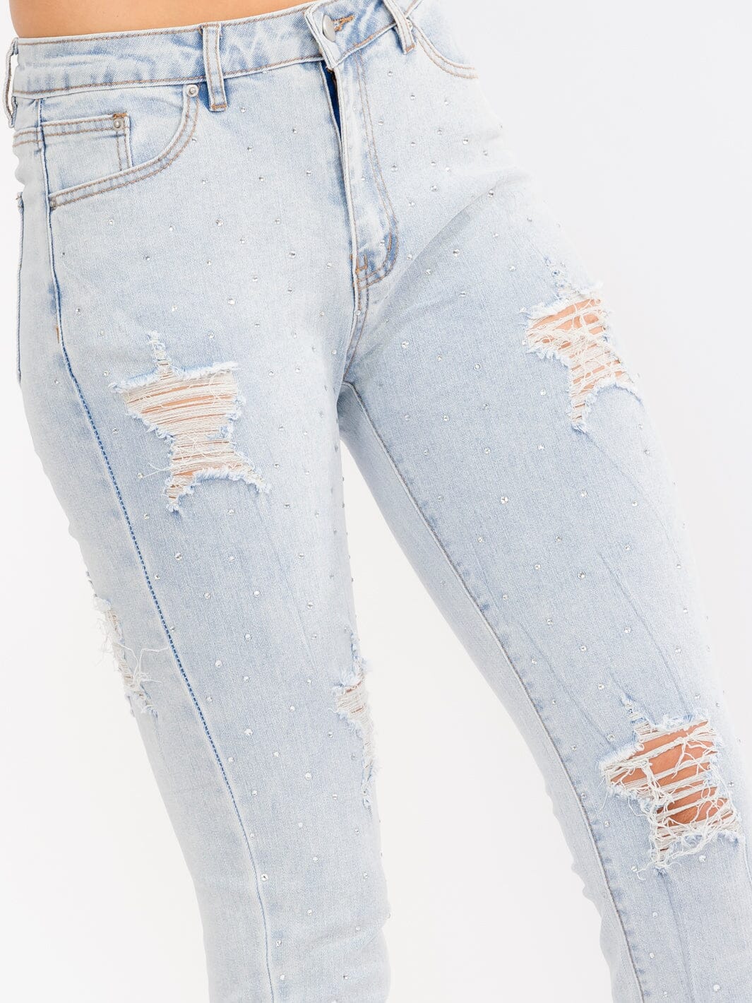 WOMEN'S BUTTON CLOSURE POCKETS DISTRESS RHINESTONES STRETCH DENIM SKINNY LEG PANTS