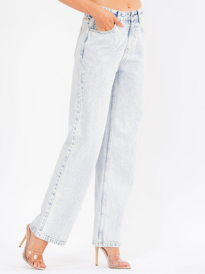 WOMEN'S BUTTON CLOSURE POCKETS WASHED DENIM STRAIGHT LEG PANTS