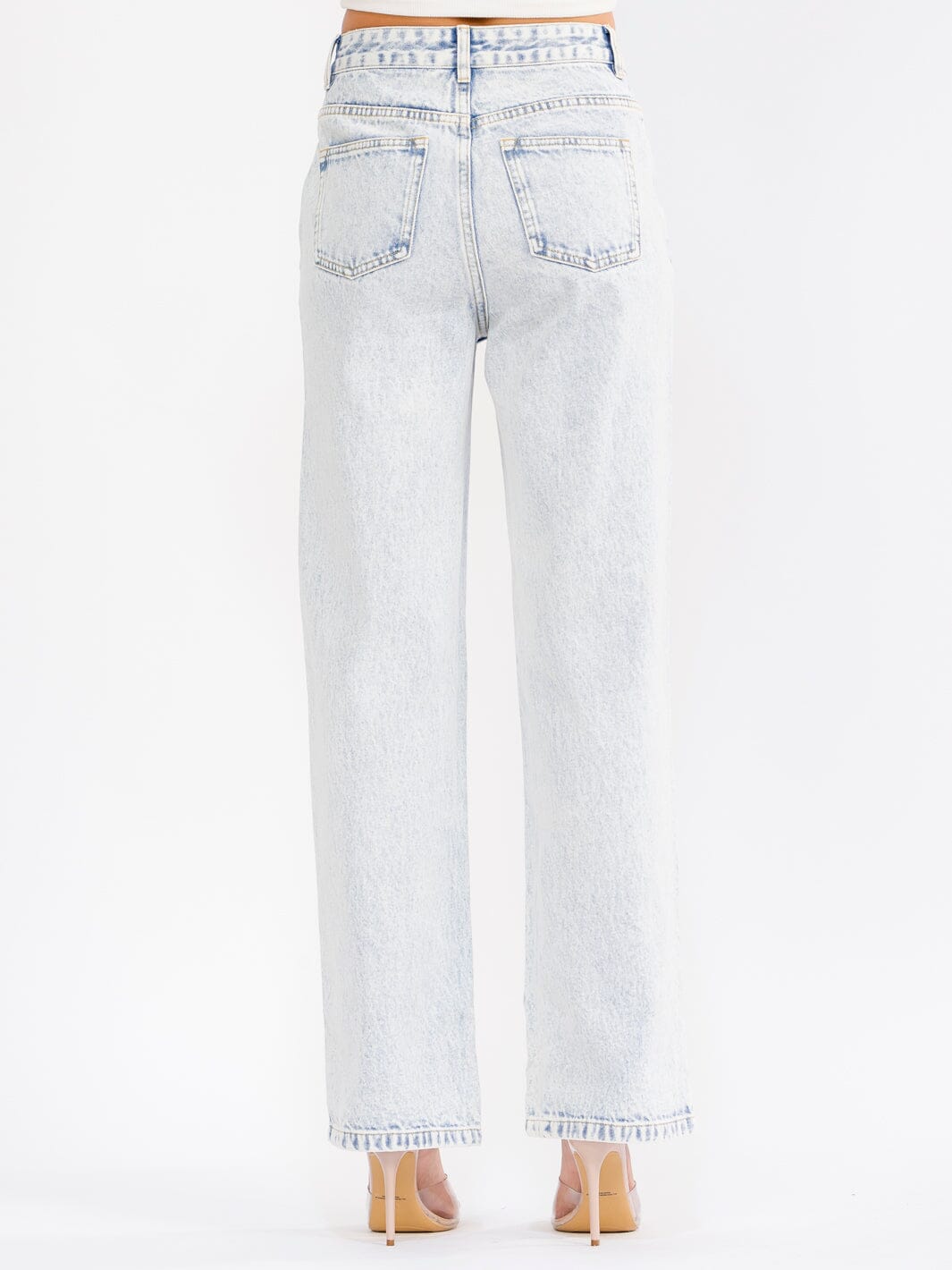 WOMEN'S BUTTON CLOSURE POCKETS WASHED DENIM STRAIGHT LEG PANTS