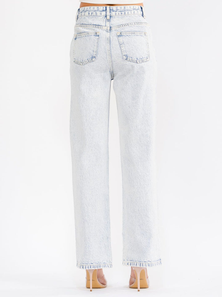 WOMEN'S BUTTON CLOSURE POCKETS WASHED DENIM STRAIGHT LEG PANTS